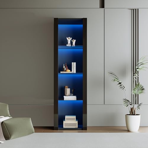 boorbin Schwarzer Hochglanz-Vitrinenschrank mit LED-Beleuchtung, 3 Glasfächer, 55 * 38 * 166cm, Vitrine, Stehschrank, Hochschrank, Lagerschrank von boorbin