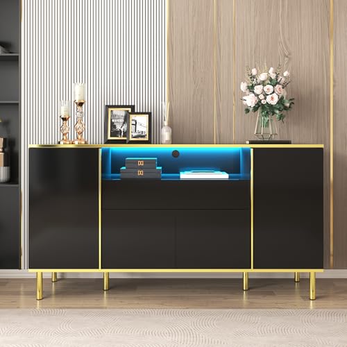 boorbin Sideboard, hochglänzende Kommode mit 1 Schublade, Kommode, Schlafzimmerkommode, hochglänzendes schwarzes Sideboard – B150/T40/H80cm (Schwarz) von boorbin