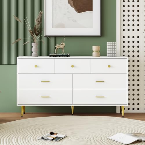 boorbin Sideboard Kommode Weiss 7 Schubladen Goldene Griffe Beine Küchenschrank Esszimmer Aufbewahrung Schrank TV Lowboard Hochglanz Modern (140x35x76cm) von boorbin