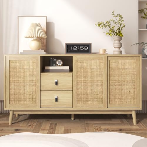 boorbin Sideboard mit 3 Schiebetüren aus echtem Rattan und 2 Schubladen, atmungsaktiv, stabil und vielseitig,155x38x80 cm (Holzfarbe) von boorbin