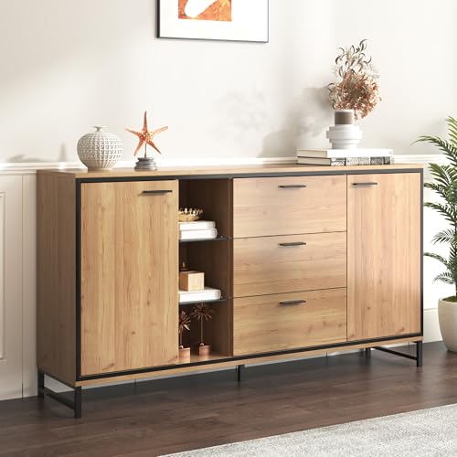 boorbin Sideboard mit DREI Schubladen, Exquisite Maserung. Modernes Sideboard in Holzfarbe mit Ablagefächern – stilvolle und funktionale Wohnmöbel (Holzfarbe+Schwarz, 160 * 40 * 85cm) von boorbin