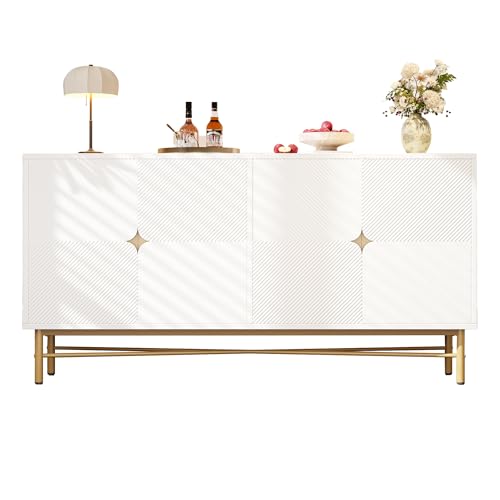 boorbin Sideboard mit Erhabener Textur 160cm, Schrank mit Vier Türen Goldene Gebürstete Griffe und Hochglanz Tischbeine, 160×40×82cm (Weiß) von boorbin