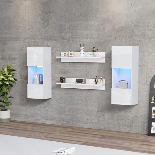 boorbin Wandregal 4er Sett, LED-Wandschrank und 2 Regale – Smarte APP-gesteuerte Beleuchtung, Hochglanzoberfläche und Türen aus gehärtetem Glas, für Wohnzimmer, TV-kompatibel, TV-Schrank-Set (Weiß) boorbin Wandregal 4er Sett, LED-Wandschrank und 2 Regale – Smarte APP-gesteuerte Beleuchtung, Hochglanzoberfläche und Türen aus gehärtetem Glas, für Wohnzimmer, TV-kompatibel, TV-Schrank-Set (Weiß) von boorbin