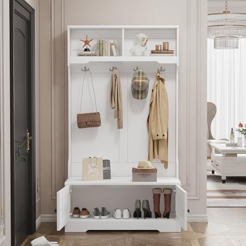 boorbin Weißer Eingangsschrank mit Stauraum an der Unterseite des Sitzes mit 4 Haken zum Aufhängen und 2 Fächern an der Oberseite zur offenen Aufbewahrung - Kleiderständer, Garderobe, Schuhschrank von boorbin
