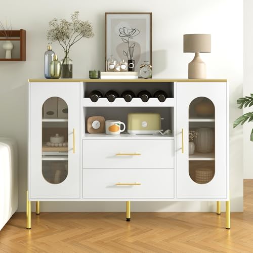 boorbin Weißes Sideboard, Glasfronten & Weinregal – Sideboard für Esszimmer & Wohnzimmer – Verstellbarer Fuß – Viel Stauraum & modernes Design (120 x 38 x 90 cm) von boorbin