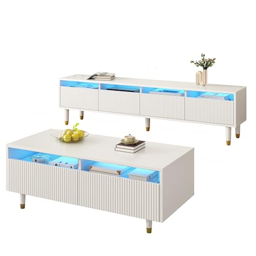 boorbin Wohnzimmermöbel-Set mit TV-Schrank Couchtisch,Moderne Elegante Wohnwand,LED-Beleuchtung, Wellenstruktur & Acrylfront (Weiß, 110 L x 50 B x 40 H +178 L x 35 B x 45 H) von boorbin