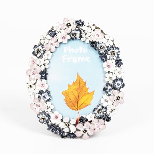 Dekorativer ovaler Bilderrahmen mit rosafarbenen, weißen und marineblauen Blumenbordüre, Kristallverzierung (rosa Blumen, 8,9 x 12,7 cm) von bordorsse
