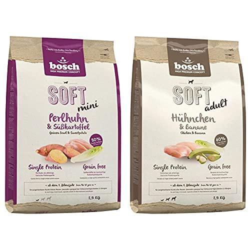 bosch HPC SOFT Mini Perlhuhn & Süßkartoffel | halbfeuchtes Hundefutter für ausgewachsene Hunde kleiner Rassen | 1 x 2.5 kg & HPC SOFT Hühnchen & Banane | 1 x 2.5 kg von bosch Tiernahrung