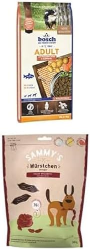 Bundle: Bosch HPC Adult mit frischem Lachs & Kartoffel | Hundetrockenfutter für ausgewachsene Hunde Aller Rassen | 1 x 15 kg + Sammy´s Würstchen | Wasserbüffel | 1 x 240 g von bosch TIERNAHRUNG