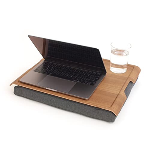 Bosign. Knietablett Laptray mit Sitzsack-Kissen für Laptop, Frühstück. Rutschfestes Tablett. Abnehmbarer und waschbarer Kissenbezug. Natürliches Teak Holz. Graues Kissen. Groß - 46x38x6,5 cm von bosign