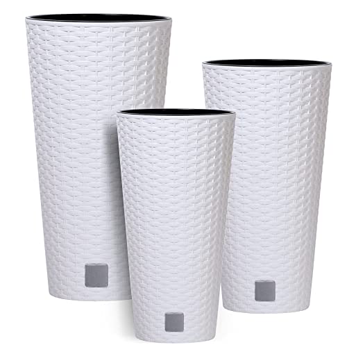 botle 3 stck Blumentopf Rattan Hohe Verschiedene Größen H 47+57+76 cm Weiß Einsatz Kunststoff mit Pflanzeinsatz Rund von botle