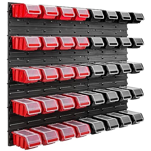 40 Stapelboxen schwarz Wandregal Deckel Kunststoff Werkstattregal 96,5 x 78 cm Werkzeug Werkbank (40 Boxen Rot/Schwarz) von botle