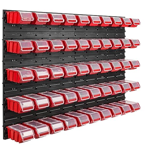 50 Stapelboxen Wandregal Deckel Kunststoff Werkstattregal 115 x 78 cm Werkzeug (50 Boxen rot) von botle