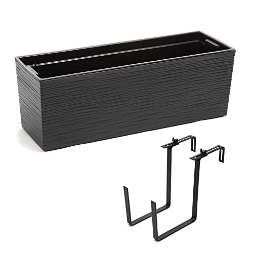 Balkonkasten Pflanzkasten Blumenkasten Wasserspeicher Kunststoff Geländerkasten flexible Metallhalterung pulverbeschichtet 56 x 18,5 x 19,5 cm 3 Oberflächendesign 5 Farben (Anthrazit, Meißeloptik) von botle