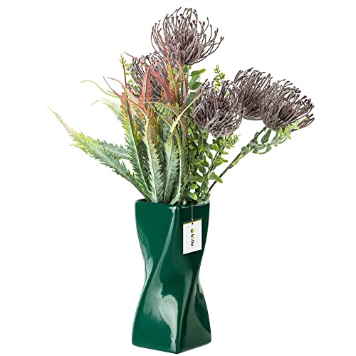 Blumenvase aus Keramik Dunkel grün Glanz H 19 cm Dekorative Tisch Vase Twist Blumen Deko Orchidee Modern Glamour von botle