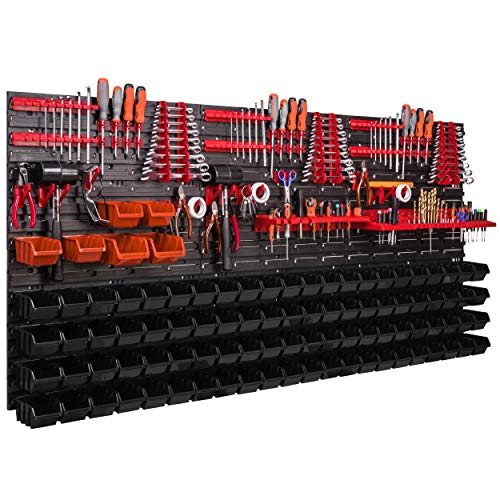 Werkstattregal Wandregal 1728 x 780 mm Stapelboxen rot schwarz Werkzeughalter Sichtlagerkästen Regalsystem (94 Boxen schwarz/orange) von botle