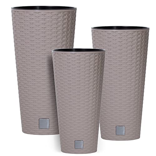 botle 3 stck Blumentopf Rattan Hohe Verschiedene Größen H 47+57+76 cm Mokka Einsatz Kunststoff mit Pflanzeinsatz Rund von botle