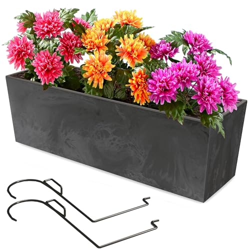 botle Blumenkasten mit Halterung und praktischem Einsatz Blumentopf Länge: 58 cm Balkonkasten auf Kunststoff Betonoptik Beton Struktur Anthrazit Farbe Innen/Außenbereiche von botle