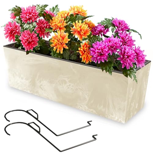 botle Blumenkasten mit Halterung und praktischem Einsatz Blumentopf Länge: 58 cm Balkonkasten auf Kunststoff Betonoptik Beton Struktur Creme Farbe Innen/Außenbereiche von botle