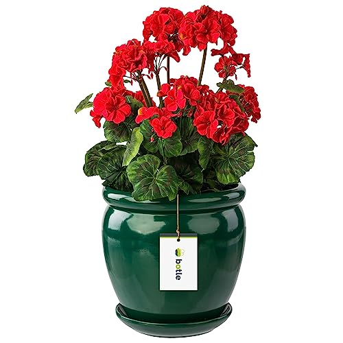 botle Blumentopf Blumenübertopf Dunkel grün Blumenschale mit Untersetzer Rund DxH 280 mm x 305 mm Oberfläche Glanz Keramik Modern Glamour von botle