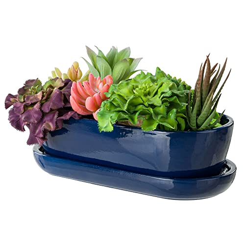 botle Blumentopf Blumenübertopf Dunkelblau Kaktenschale mit Untersetzer Oval LxBxH 13 cm x 27,5 cm x 8 cm Oberfläche Glanz Kakten Keramik Modern Glamour von botle