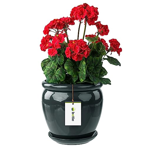botle Blumentopf Blumenübertopf Dunkelgrau Blumenschale mit Untersetzer Rund DxH 280 mm x 305 mm Oberfläche Glanz Keramik Modern Glamour von botle