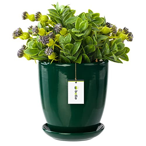 botle Blumentopf Blumenübertopf Flaschengrün Blumenschale mit Untersetzer Rund BxH 160 mm x 165 mm Oberfläche Glanz Keramik Modern Glamour von botle