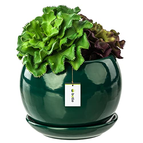 botle Blumentopf Blumenübertopf Flaschengrün Kugel Blumenschale mit Untersetzer Rund BxH 110 mm x 100 mm Oberfläche Glanz Keramik Modern Glamour von botle