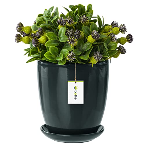 botle Blumentopf Blumenübertopf Graphit Blumenschale mit Untersetzer Rund BxH 195 mm x 215 mm Oberfläche Glanz Keramik Modern Glamour von botle