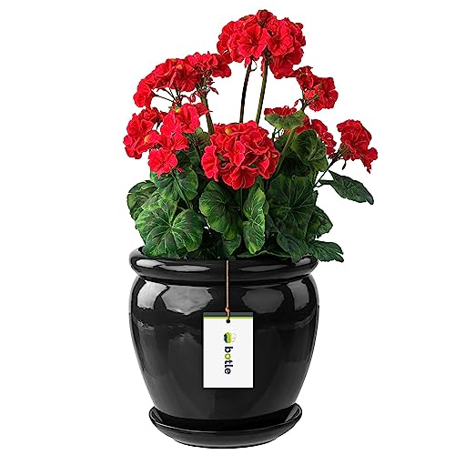 botle Blumentopf Blumenübertopf Schwarz Blumenschale mit Untersetzer Rund DxH 280 mm x 305 mm Oberfläche Glanz Keramik Modern Glamour von botle