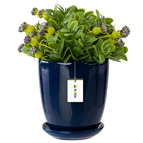botle Blumentopf Blumenübertopf dunkel blau Blumenschale mit Untersetzer Rund BxH 195 mm x 215 mm Oberfläche Glanz Keramik Modern Glamour von botle