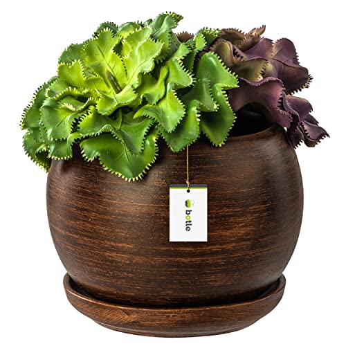 botle Blumentopf Blumenübertopf Dunkles Holz Kugel Blumenschale mit Untersetzer Rund BxH 110 mm x 100 mm Oberfläche Matt Keramik Modern Glamour von botle