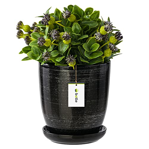 botle Blumentopf Blumenübertopf schwarz Silber Blumenschale mit Untersetzer Rund BxH 195 mm x 215 mm Oberfläche Glanz Keramik Modern Glamour von botle
