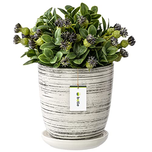 botle Blumentopf Blumenübertopf weiß gewischt Blumenschale mit Untersetzer Rund BxH 195 mm x 215 mm Oberfläche Glanz Keramik Modern Glamour von botle