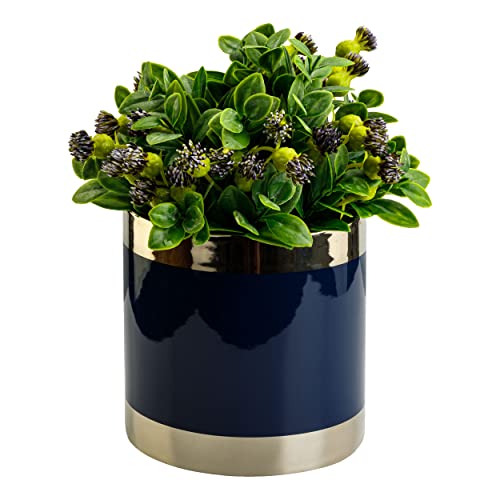 botle Keramik Rund Blumenübertopf Blumentopf Glasiert Marineblau & Gold Rand Maße 13x13cm Pflanzkübel Zylinder von botle