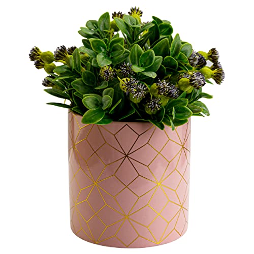 botle Keramik Rund Blumenübertopf Blumentopf Glasiert Rosa & Gold Verzierungen Maße 13x14cm Pflanzkübel Zylinder von botle
