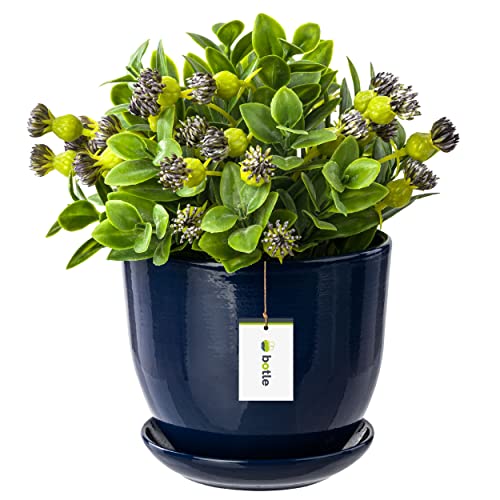 botle Keramiktopf Pflanztopf Blumenchale Übertopf Pflanzkübel handbemalt D 130 mm Navy blau Keramik inkl. Untersetzer Wasserablaufloch von botle