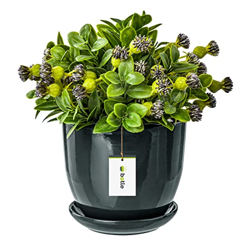 botle Keramiktopf Pflanztopf Blumenchale Übertopf Pflanzkübel handbemalt D 160 mm dunkel Grau Keramik inkl. Untersetzer Wasserablaufloch von botle