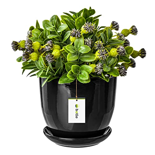 botle Keramiktopf Pflanztopf Blumenchale Übertopf Pflanzkübel handbemalt D 160 mm schwarz Keramik inkl. Untersetzer Wasserablaufloch von botle