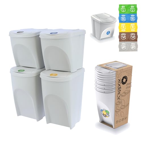 botle Mülleimer- 4er Set 120 L Mülltrennungssystem - Set aus 2x35 L + 2x25 L Abfalleimern in Weiß Ascheweiß Farb zum Stapeln Kompakt modulare und Licht Einfache Sortierung des Hausmülls Kunststoff von botle