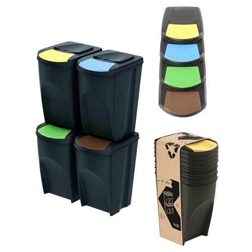 botle Mülleimer- 4er Set Mülltrennungssystem - Set aus 4x35L Abfalleimern in Schwarz Farbe zum Stapeln Kompakt Biomülleimer modulare und Licht Einfache Sortierung des Hausmülls Kunststoff von botle