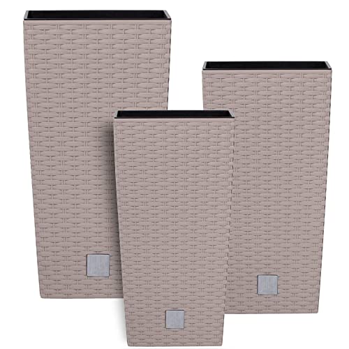 botle Topf Set 3 x Pflanztöpfe Kübel Rattan Hohes H 32 37 42 cm Mokka Kunststoff mit Pflanzeinsatz Quadrat von botle