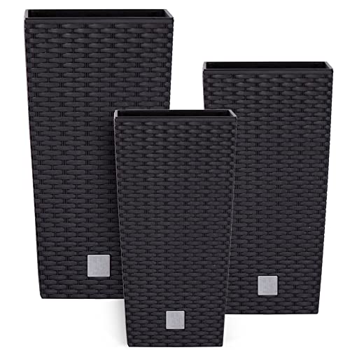 botle Topf Set 3 x Pflanztöpfe Kübel Rattan Hohes H 50 55 61 cm Anthrazit Kunststoff mit Pflanzeinsatz Quadrat von botle