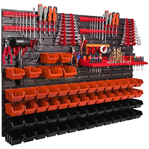 Werkstattregal 1152 x 780 mm Stapelboxen Lagersystem Wandregal Werkzeughalterungen Schüttenregal Sichtlagerkästen Extra Starke Wandplatte Regal Erweiterbar Lagerregal (62 Boxen orange/schwarz) von botle