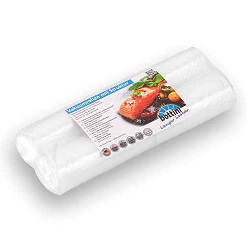 2 x BOTTINI Vakuumrollen mit Struktur 25cm breit 6m lang goffriert Sous Vide Folien in Profiqualität mit Siegelrand und Struktur Vakuumbeutel für alle Vakuumierer von bottini