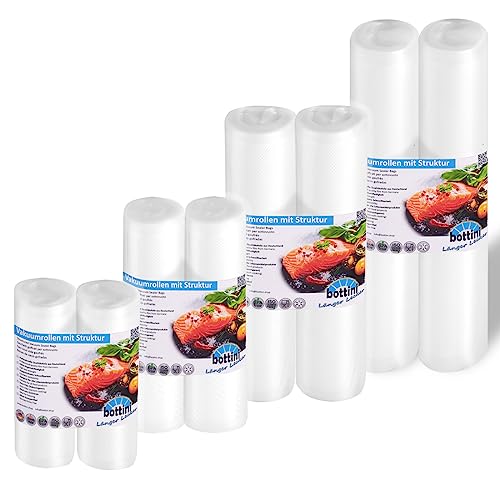 8 x BOTTINI Vakuumrollen SET 15,20,25,28 x600 cm, PREMIUM Folienrollen, Sous Vide, für jedes Folienschweißgerät u. Vakuumiergerät, Lebensmittel von bottini