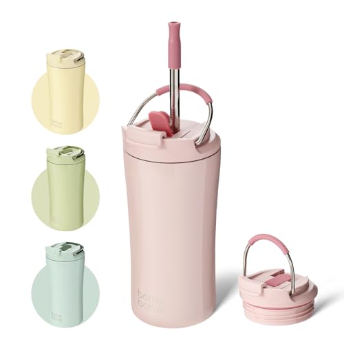 BOTTLE BOTTLE Isolierte Kaffeebecher mit doppeltem Verwendungsdeckel und Strohhalm, doppelwandig, Eiskaffeebecher für Damen und Herren, 340 ml, Edelstahlbecher mit Griff (rosa) von bottlebottle