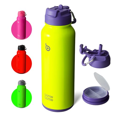BOTTLE BOTTLE Sport-Trinkflasche, Edelstahl, Thermoflasche mit Trinkhalm und Pillenhalter, 1,2 l (Neongelb) von bottlebottle