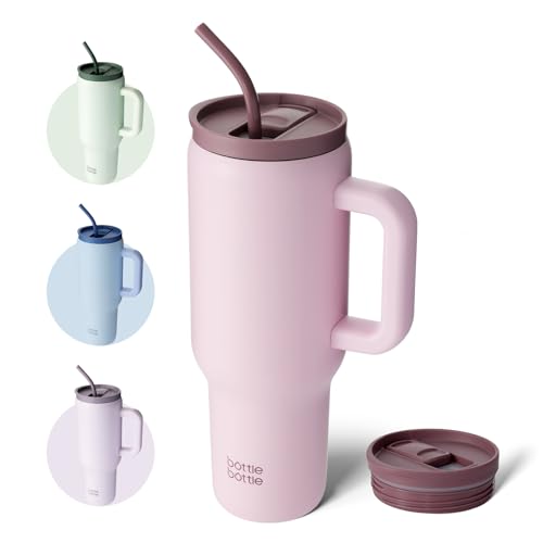 BOTTLE BOTTLE 40oz (1,1L) Kaffeebecher aus Edelstahl mit Griff & Strohhalm, BPA-frei, isolierter Thermobecher für Reise, Büro, Uni & Sport, Geschenkidee für Kaffee- und Teeliebhaber (Rosa) von bottlebottle