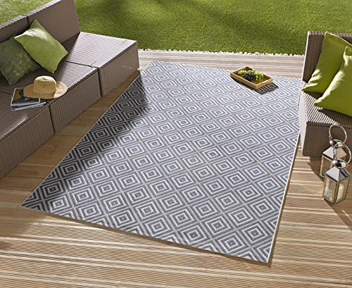 NORTHRUGS In- und Outdoor Teppich Karo 140x200cm - Wetterfest Modern Geometrisches Muster Kariert Allover Design Läufer für Balkon Terrasse Garten Wintergarten Wohnzimmerteppich Wasserfest in Blau von NORTHRUGS